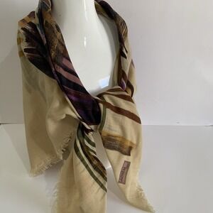 SINEM Abstract Print Scarf Shawl Cream Multicolor Lightweight‎ Frayed Edge